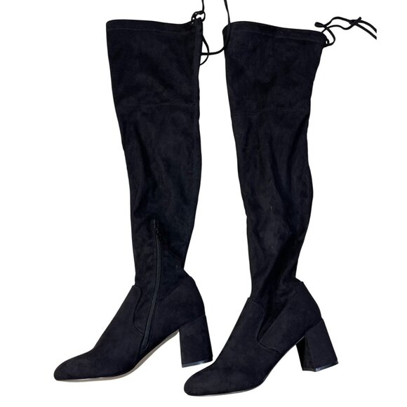 Steve Madden Osana Over The Knee Boot 7M Black Sort Tie Block Heel - Picture 2 of 9